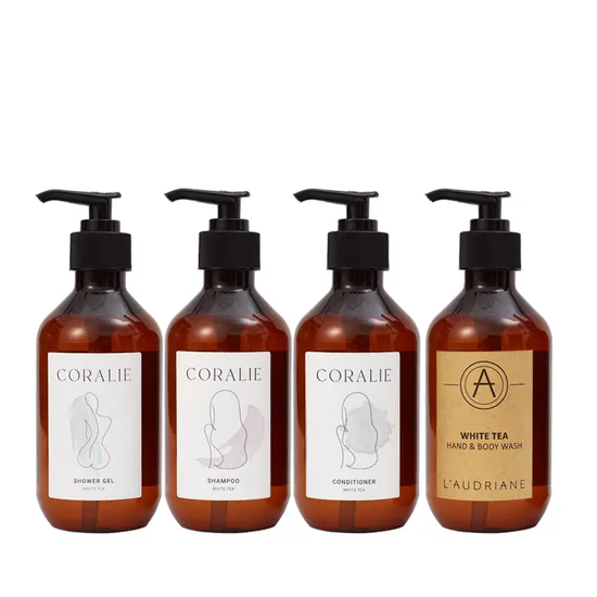 Logo personnalisé de luxe, grande bouteille de 300ml, fournitures de salle de bain d'hôtel, Kit de shampoing et revitalisant en Gel douche